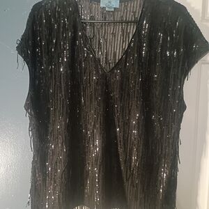 CeCe Black Sequin Fringe V-Neck Top